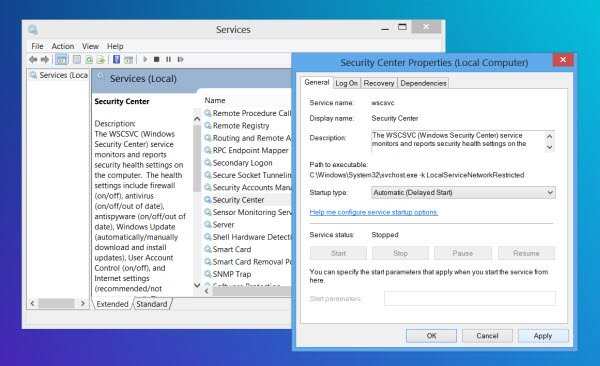 The Windows Security Center service can't be started